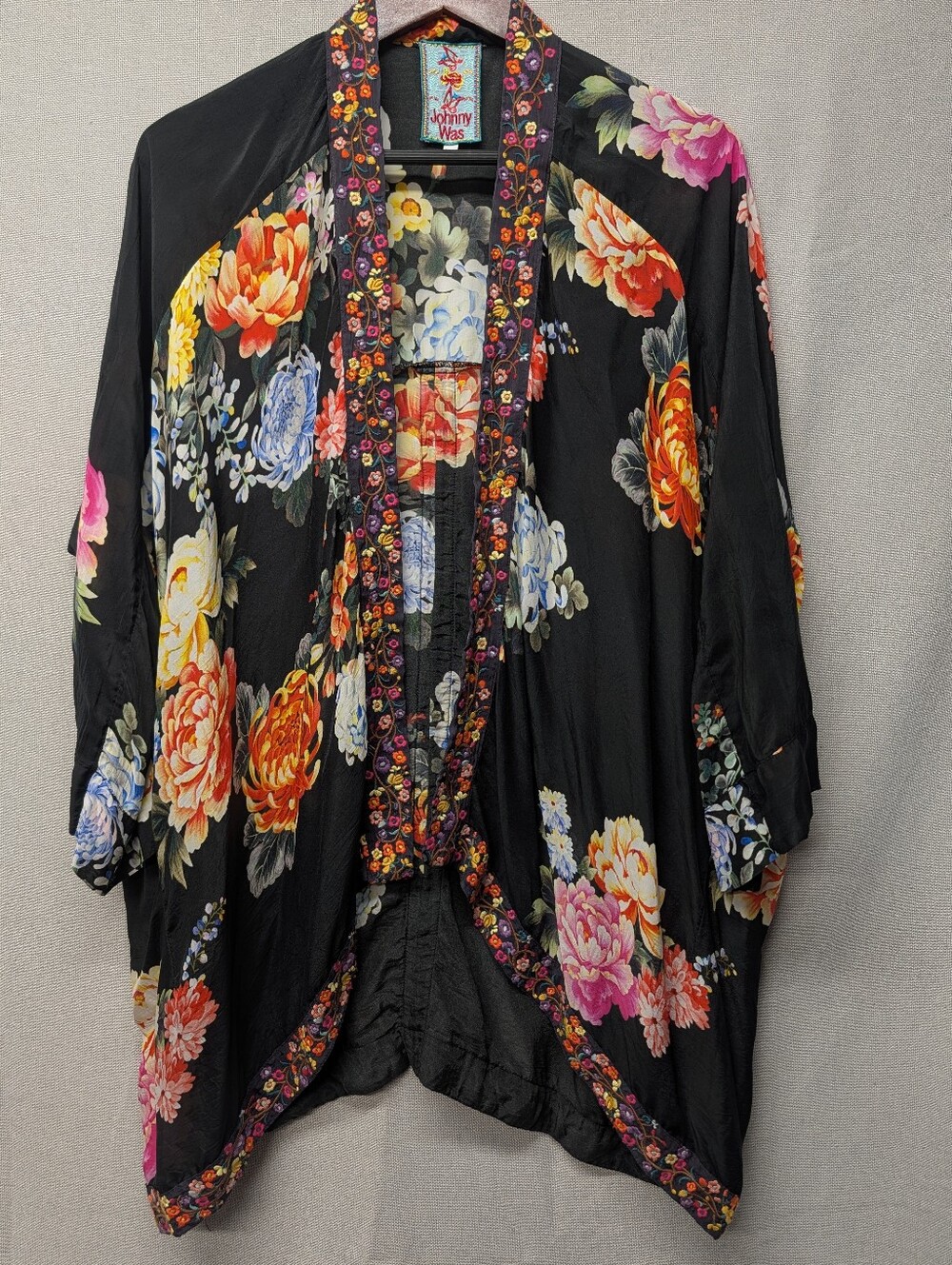 Johnny Was Black Floral Open-Front Kimono Sweater Size Petite Medium